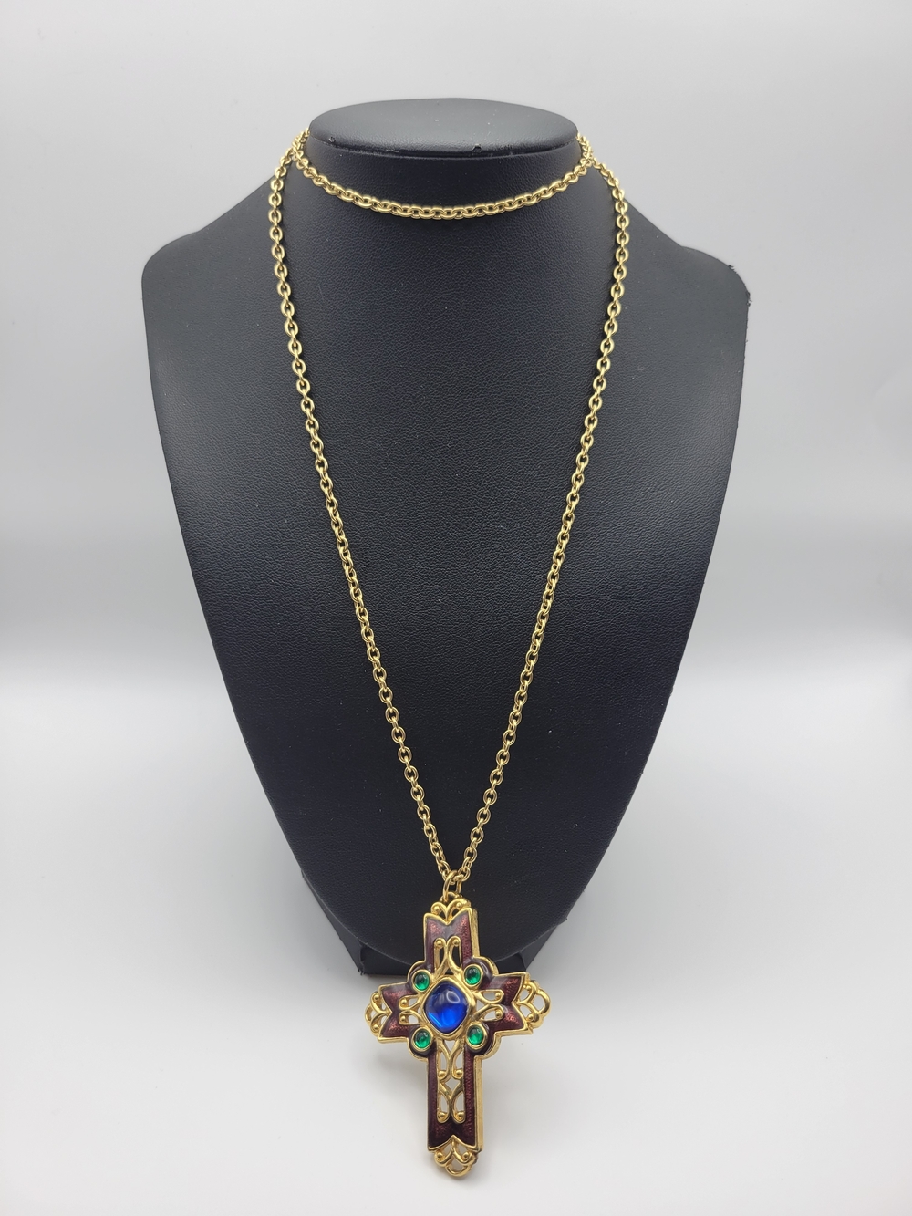 Vintage Signed Avon Gold Tone Purple Enamel Blue & Green Cabochon Cross Necklace